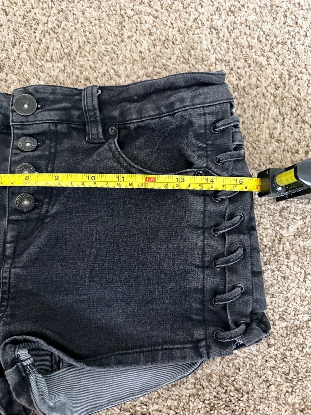 Free People High Rise Black Denim Hot Pants Button Fly Lace-Up Shorts 26